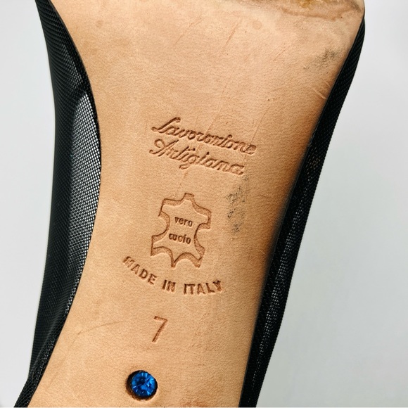 Something Bleu Black Mesh Gold Yellow Ball Pump Heels Peep Toe Italy Size 7 - Picture 11 of 16